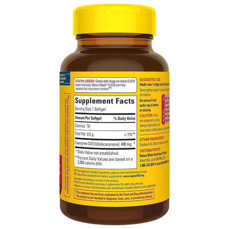 Frasco posterior de Nature Made coenzima Q10 400 mg con información del suplemento, modo de uso y advertencias.