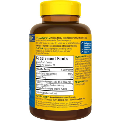 Tabla nutricional del suplemento Nature Made Complejo de Glucosamina y Condroitina con MSM 120 cápsulas