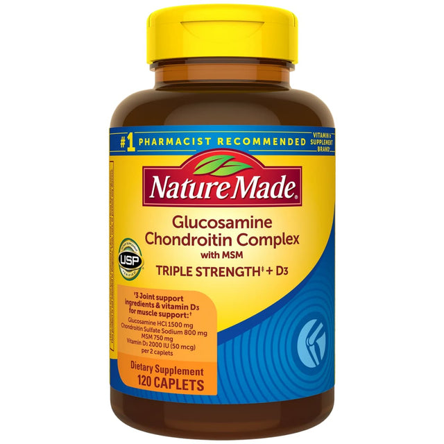 Frasco de suplemento Nature Made Complejo de Glucosamina y Condroitina con MSM 120 cápsulas