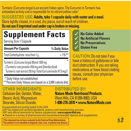 Tabla nutricional del suplemento Nature Made Cúrcuma 500 mg 120 cápsulas