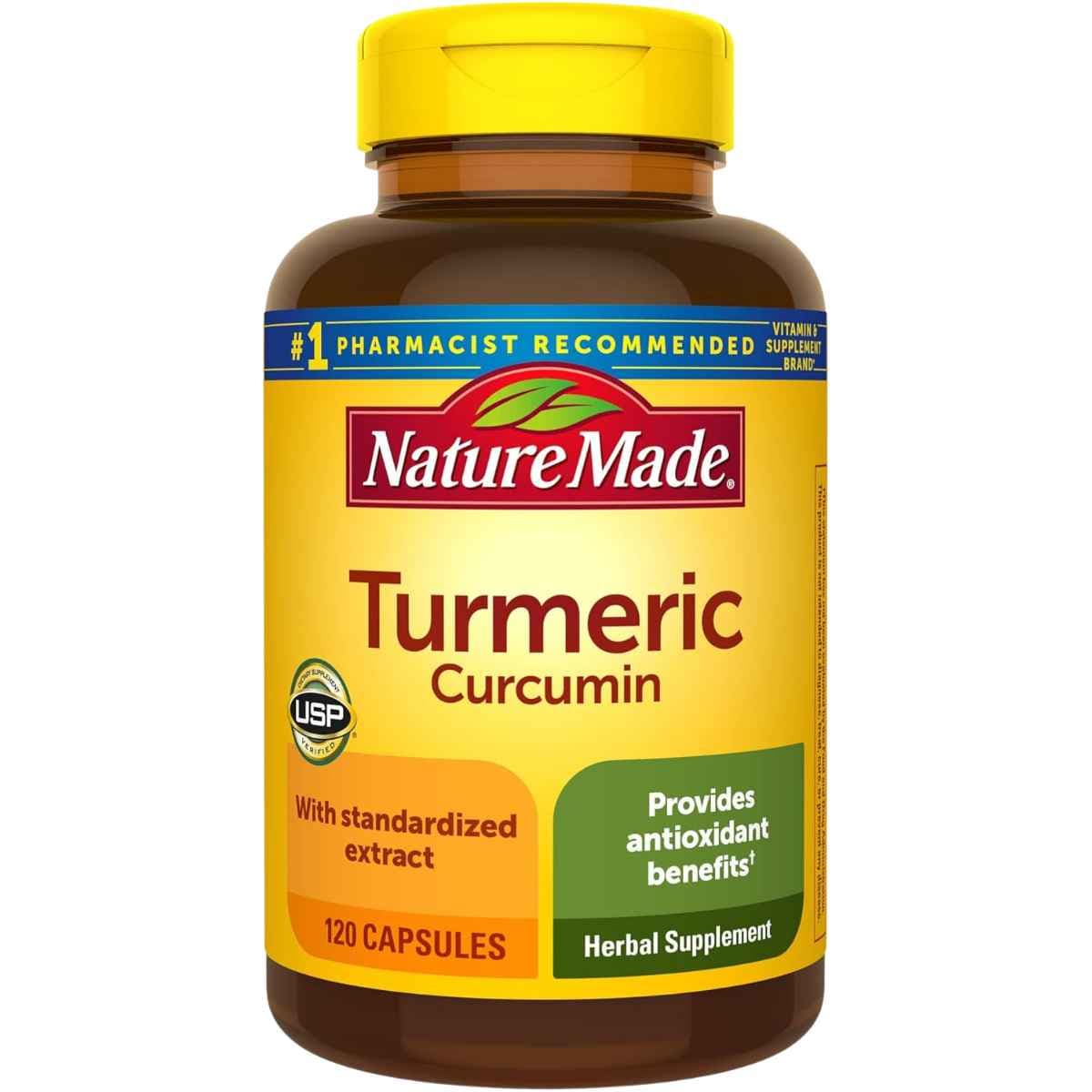 Frasco de suplemento Nature Made Cúrcuma 500 mg 120 cápsulas