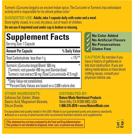 Tabla nutricional del suplemento Nature Made Cúrcuma 500 mg 60 cápsulas