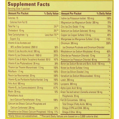 Tabla nutricional del suplemento Nature Made Daily Health Support Pack 60 paquetes