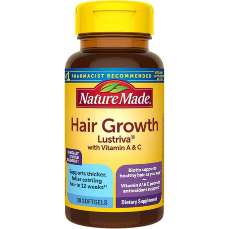 Frasco frontal de Nature Made Lustriva con biotina y vitaminas A y C, presentación de 30 cápsulas blandas