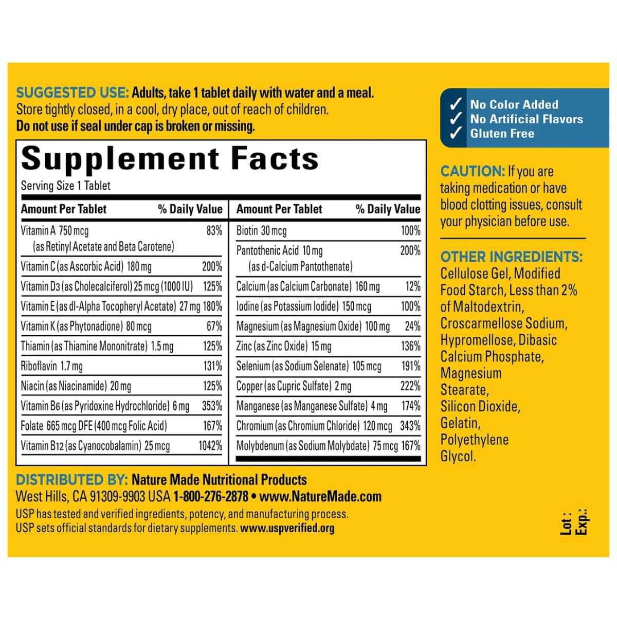 Tabla nutricional del suplemento Nature Made Multivitamínico para Hombre 50+ 90 Tabletas