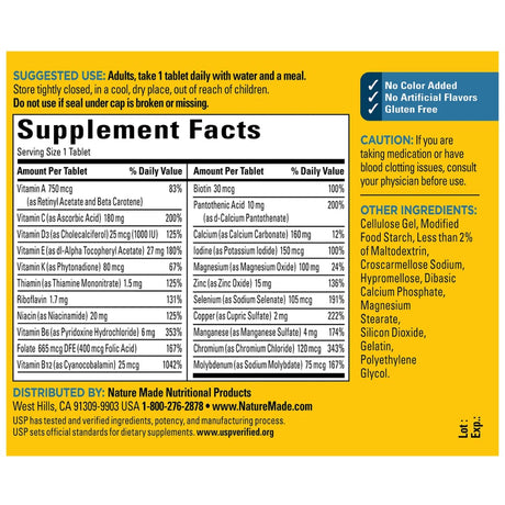 Tabla nutricional del suplemento Nature Made Multivitamínico para Hombre 50+ 90 Tabletas