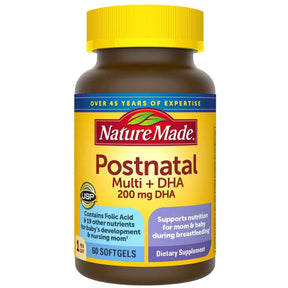 Frasco de suplemento Nature Made Multivitamínico Postnatal + DHA 60 cápsulas blandas