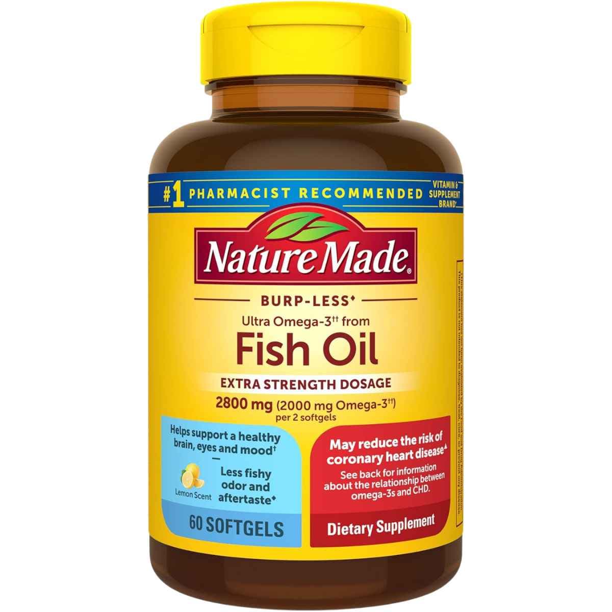 Frasco frontal de Nature Made omega 3 de aceite de pescado, presentación de 60 cápsulas blandas