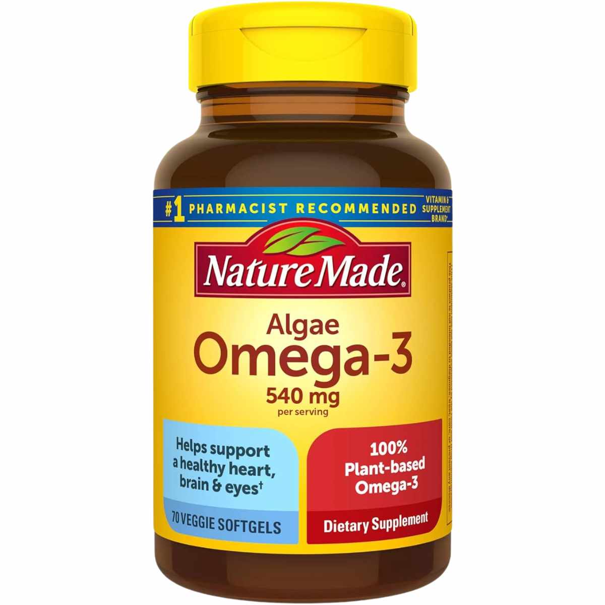 Frasco frontal de Nature Made omega 3 de algas, presentación de 70 cápsulas blandas