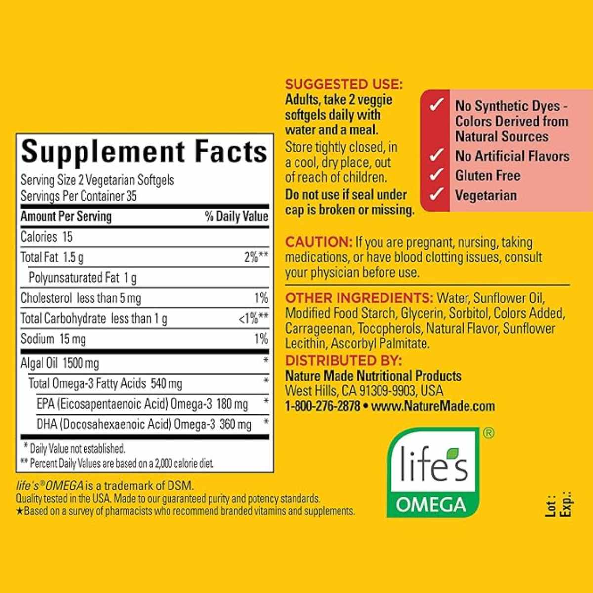 Panel de información del suplemento de Nature Made omega 3 de algas con EPA y DHA