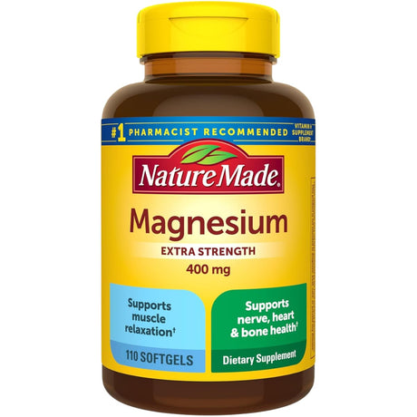 Frasco frontal de Nature Made óxido de magnesio 400 mg por cápsula blanda, presentación de 110 cápsulas blandas