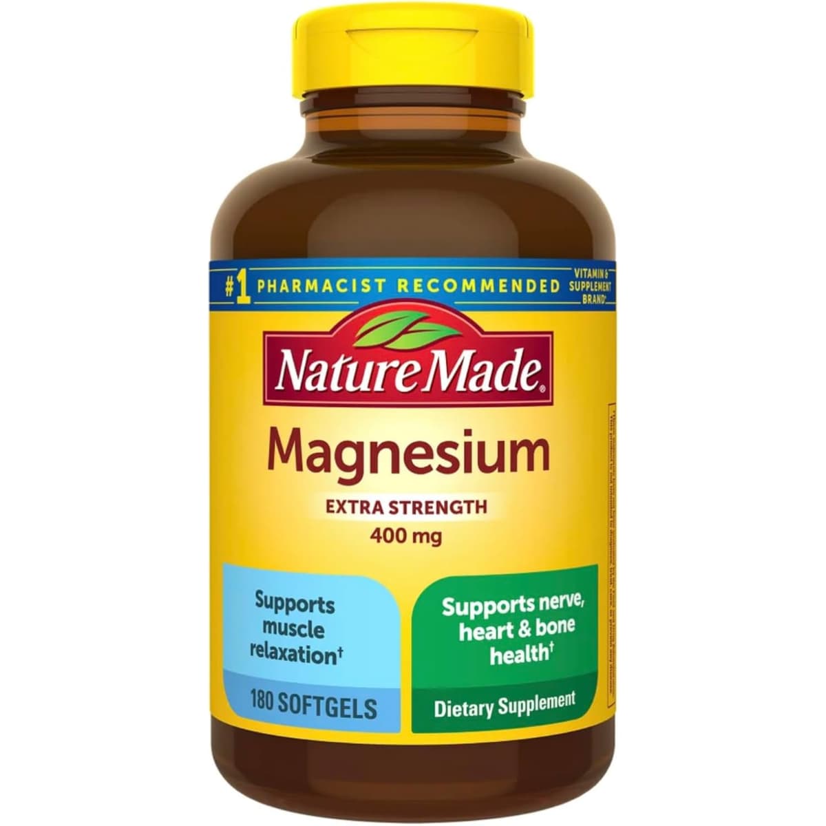 Frasco frontal de Nature Made óxido de magnesio 400 mg por cápsula blanda, presentación de 180 cápsulas blandas