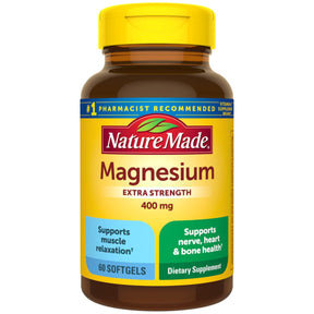 Frasco frontal de Nature Made óxido de magnesio 400 mg por cápsula blanda, presentación de 60 cápsulas blandas