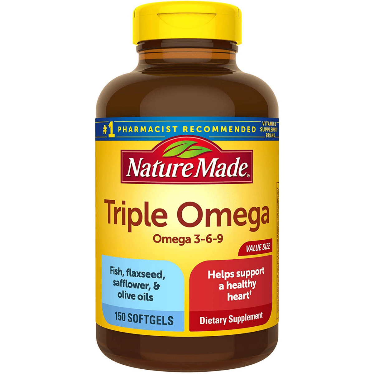 Frasco frontal de Nature Made Triple Omega 3-6-9 de 150 cápsulas blandas.