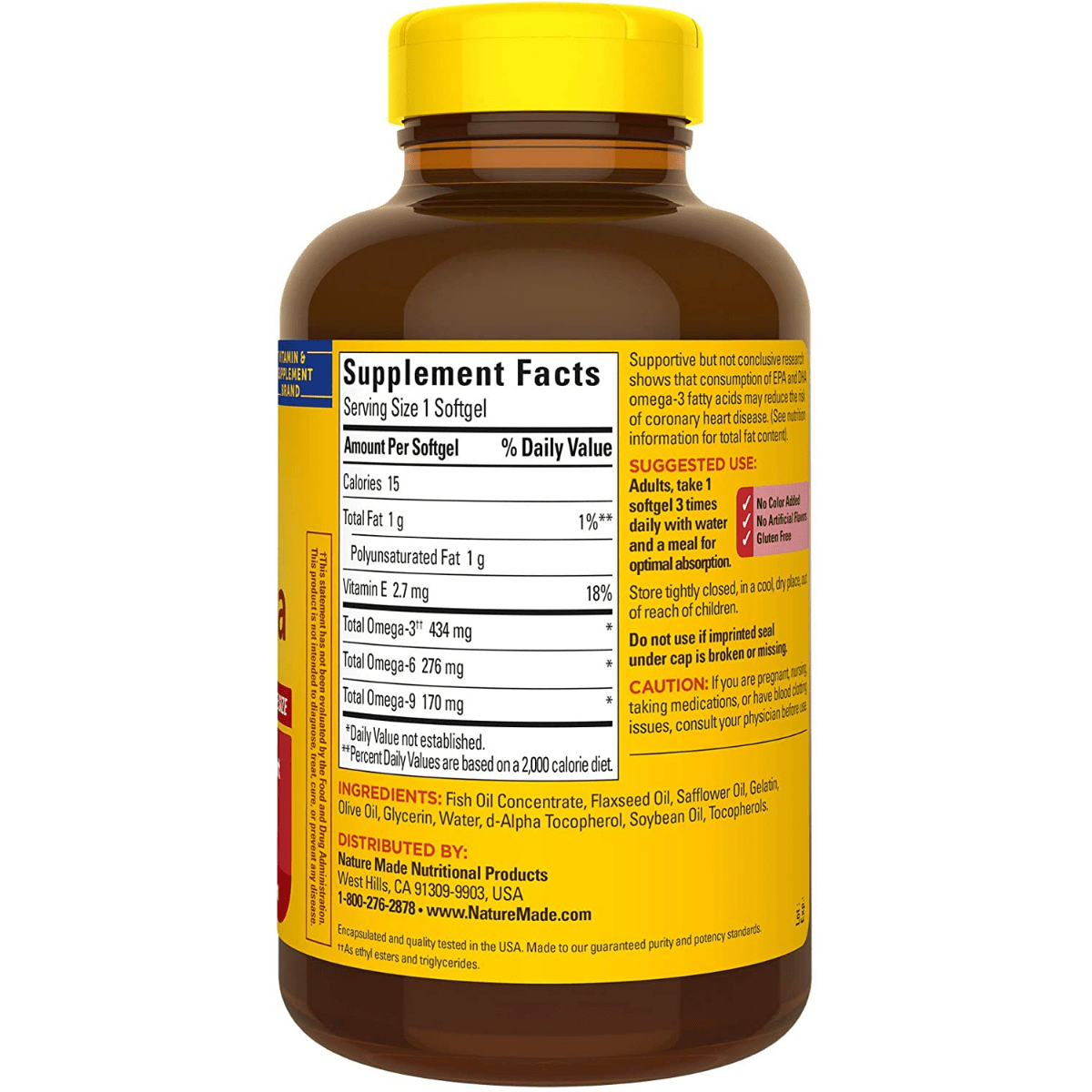 Información del suplemento de Nature Made Triple Omega 3-6-9 con omega 3, omega 6 y omega 9 por cápsula blanda.
