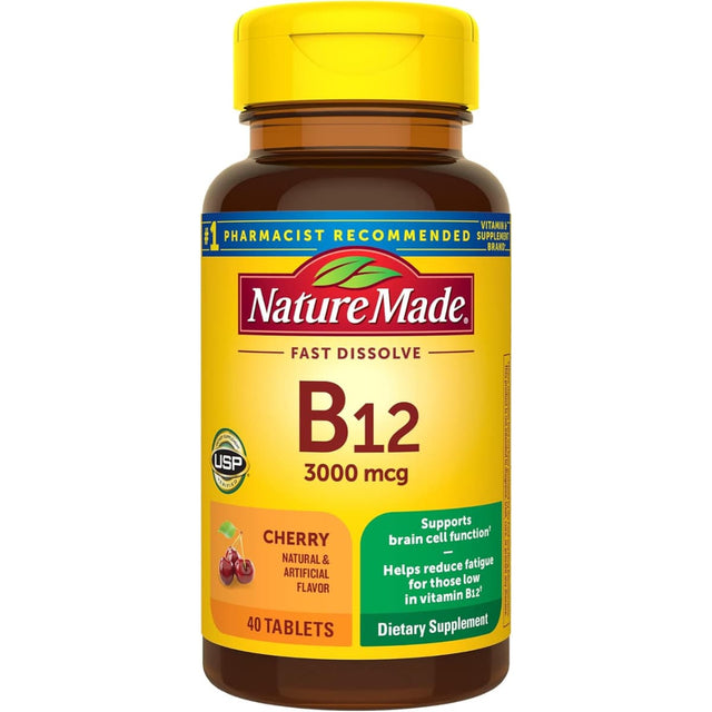 Frasco de suplemento Nature Made Vitamina B12 Cereza 3000 mcg 40 tabletas