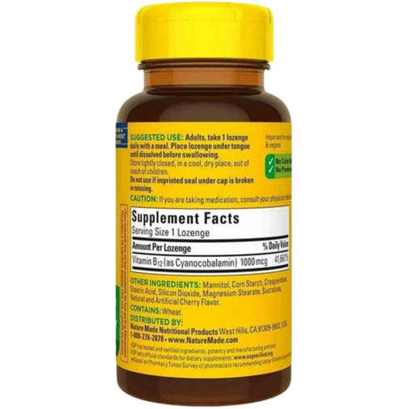 Tabla nutricional del suplemento Nature Made Vitamina B12 Cereza 50 pastillas