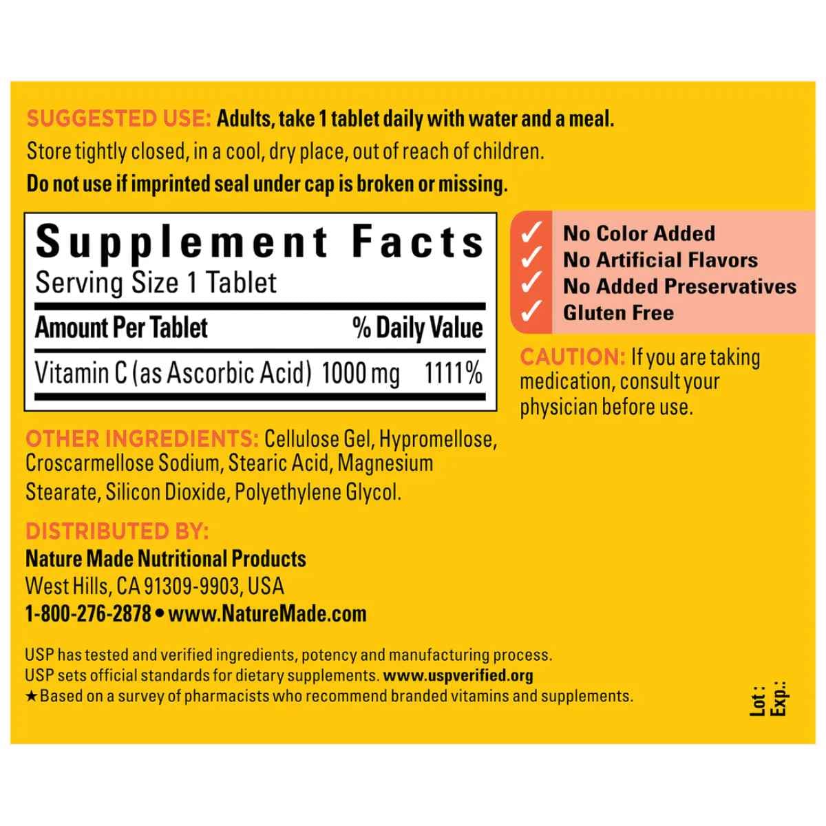 Tabla nutricional del suplemento Nature Made Vitamina C 100 tabletas