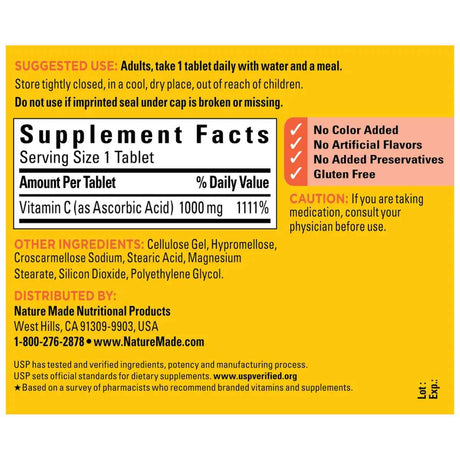 Tabla nutricional del suplemento Nature Made Vitamina C 100 tabletas