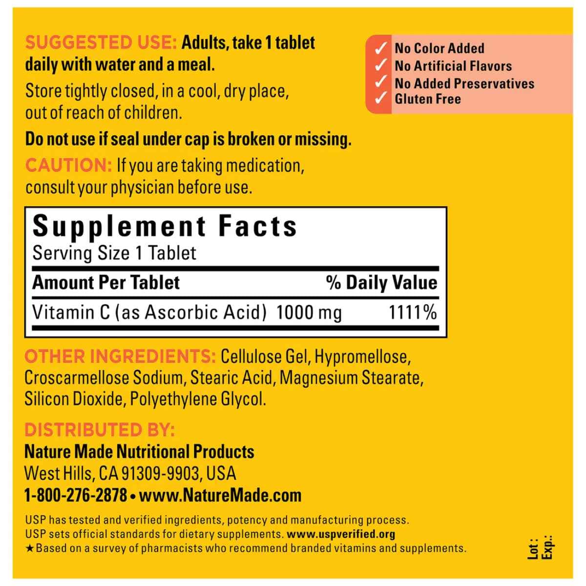 Tabla nutricional del suplemento Nature Made Vitamina C 300 tabletas