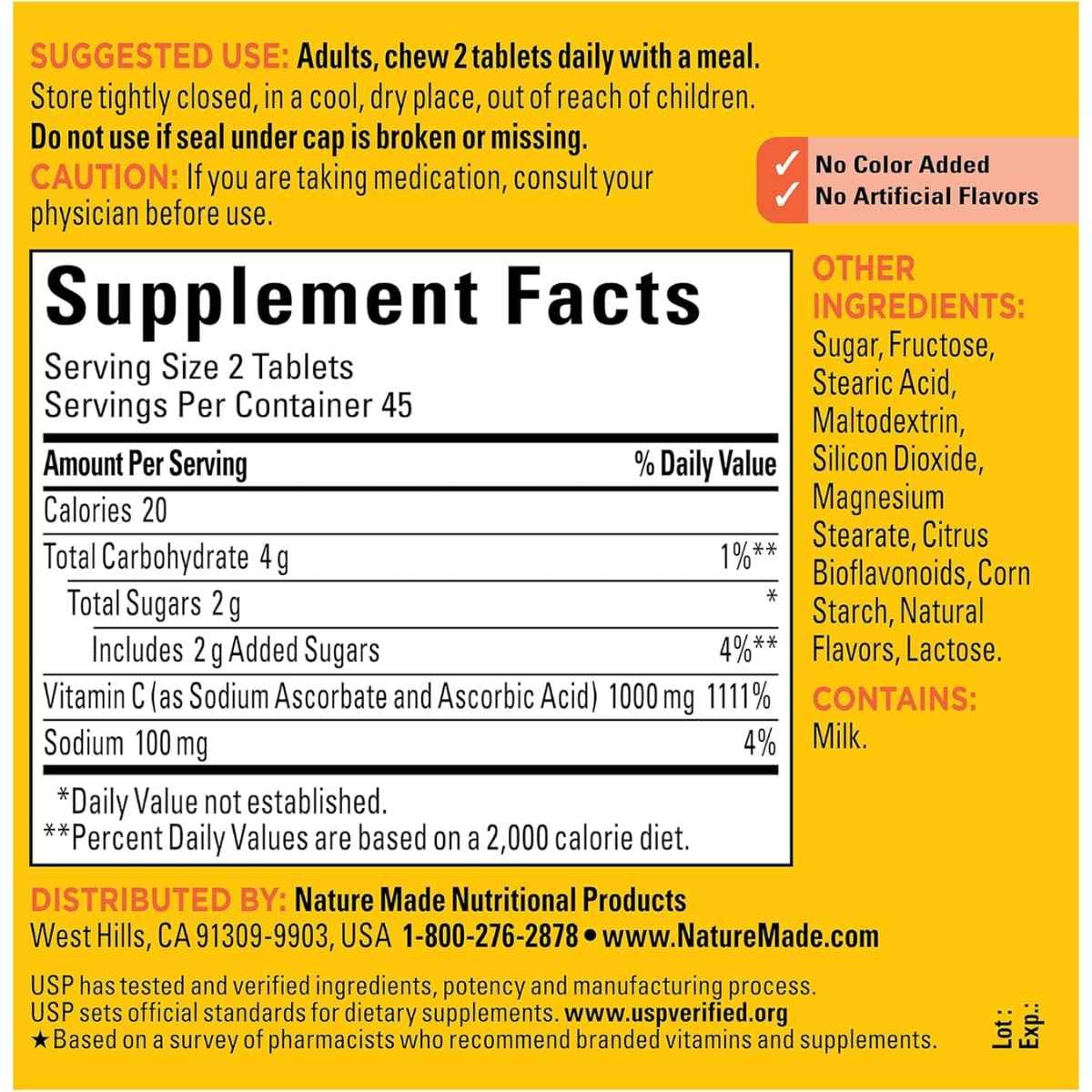Tabla nutricional del suplemento Nature Made Vitamina C Naranja Original 90 tabletas