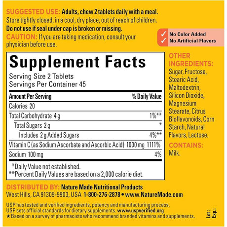 Tabla nutricional del suplemento Nature Made Vitamina C Naranja Original 90 tabletas