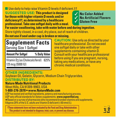 Tabla nutricional del suplemento Nature Made Vitamina D3 180cápsulas blandas