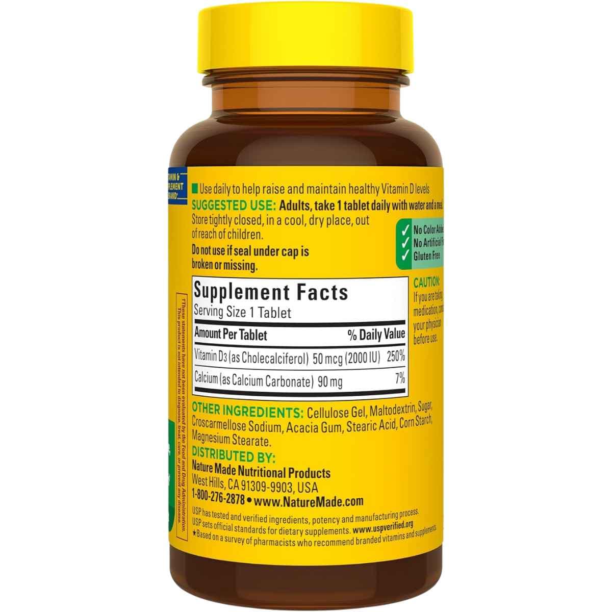 Tabla nutricional del suplemento Nature Made Vitamina D3 2000 IU 100 tabletas
