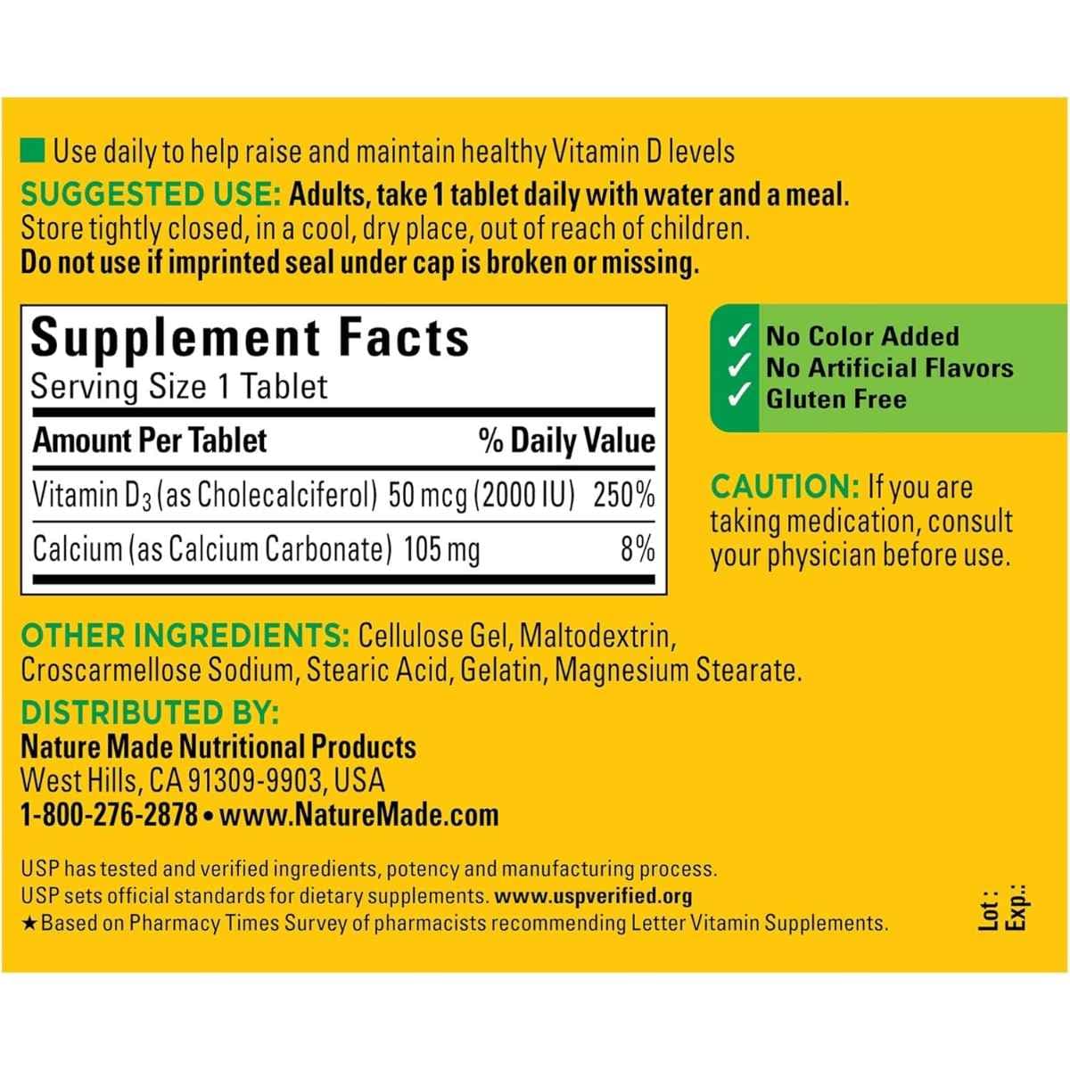 Tabla nutricional del suplemento Nature Made Vitamina D3 2000 IU 220 tabletas