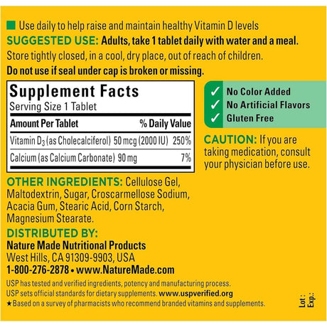 Tabla nutricional del suplemento Nature Made Vitamina D3 2000 IU 400 tabletas