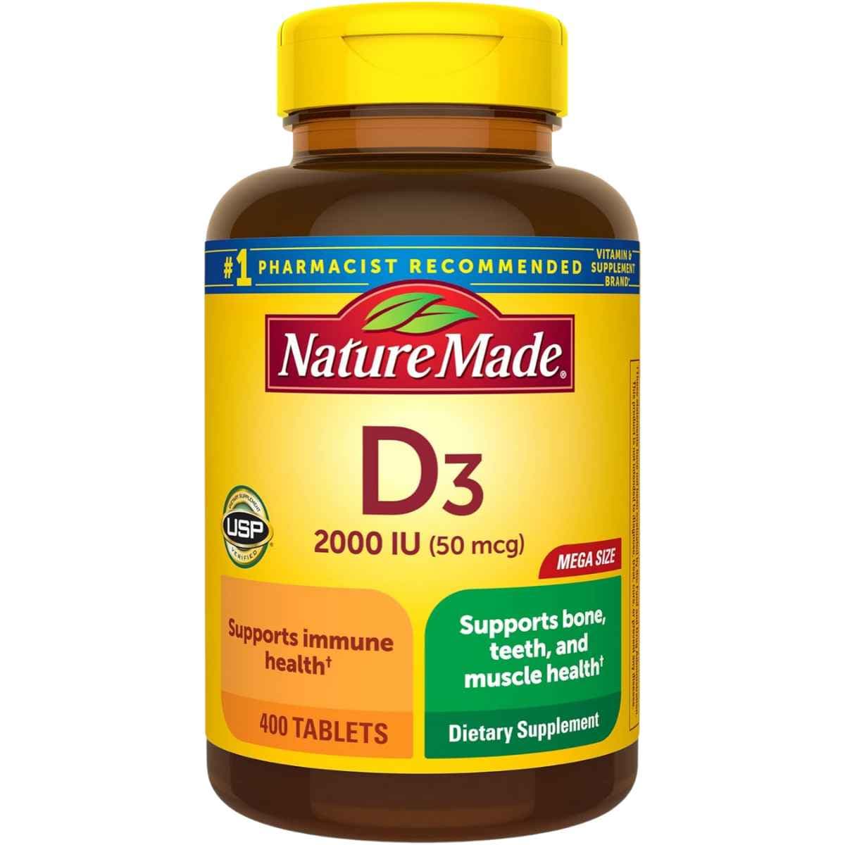 Frasco de suplemento Nature Made Vitamina D3 2000 IU 400 tabletas