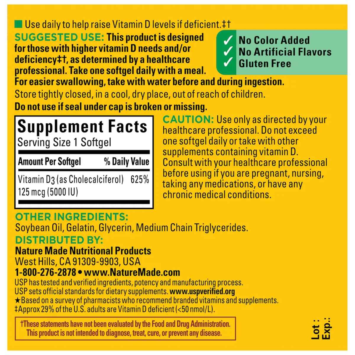 Tabla nutricional del suplemento Nature Made Vitamina D3 90 cápsulas blandas