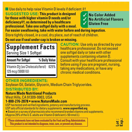 Tabla nutricional del suplemento Nature Made Vitamina D3 90 cápsulas blandas