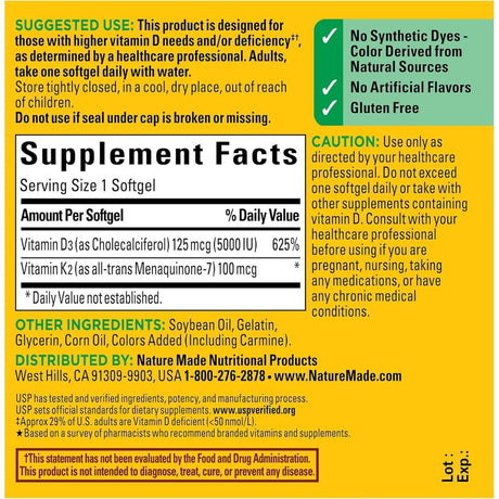 Tabla nutricional del suplemento Nature Made Vitamina D3 + K2 30 cápsulas blandas