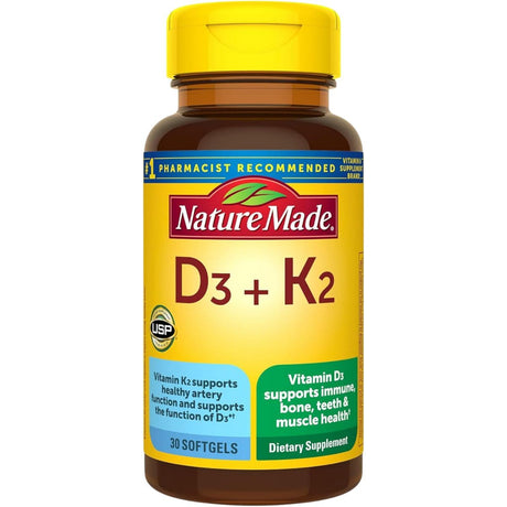 Frasco de suplemento Nature Made Vitamina D3 + K2 30 cápsulas blandas