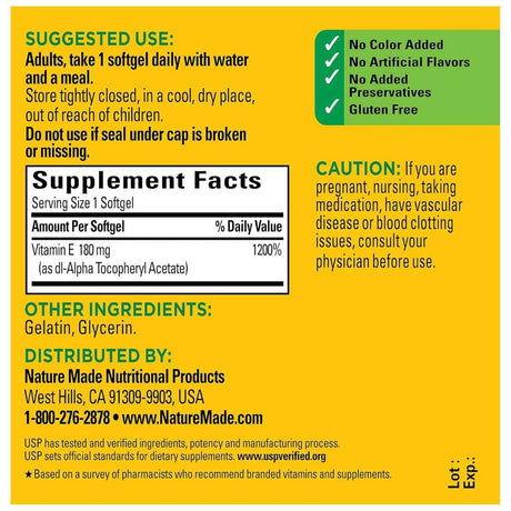 Tabla nutricional del suplemento Nature Made Vitamina E 180 mg 100 cápsulas blandas