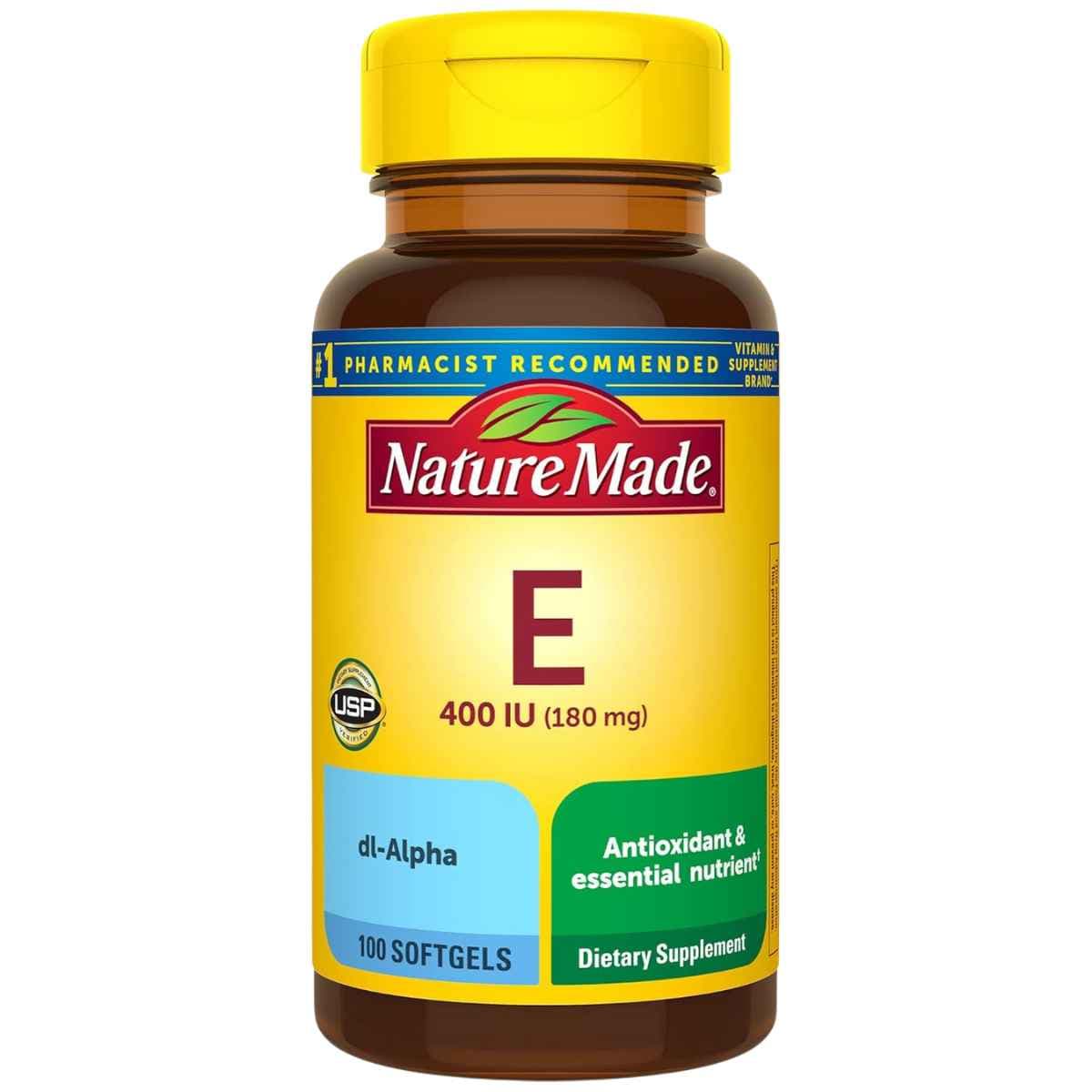 Frasco de suplemento Nature Made Vitamina E 180 mg en presentaciones de 100  cápsulas blandas