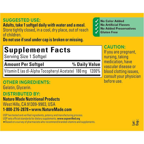 Tabla nutricional del suplemento Nature Made Vitamina E 180 mg 180 cápsulas blandas