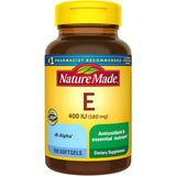 Frasco de suplemento Nature Made Vitamina E 180 mg en presentaciones de 180 cápsulas blandas