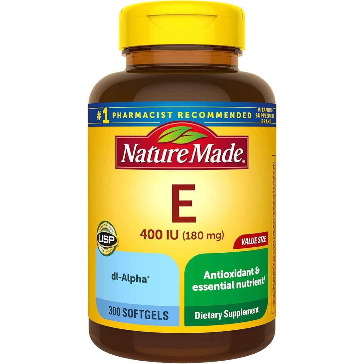 Frasco de suplemento Nature Made Vitamina E 180 mg en presentaciones de 300 cápsulas blandas