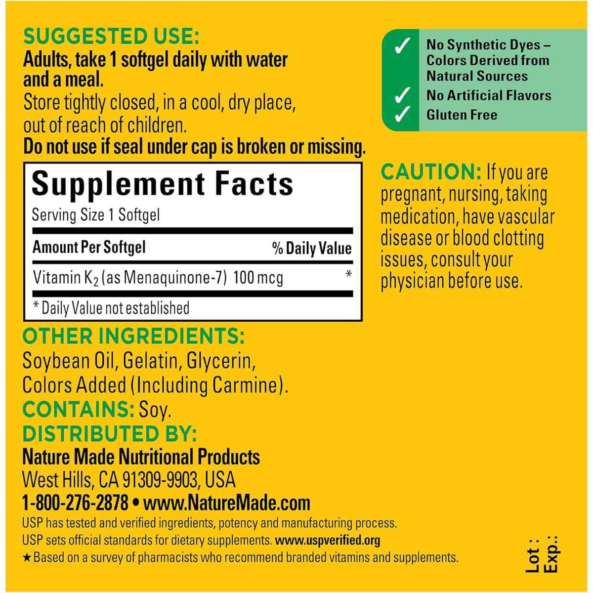 Tabla nutricional del suplemento Nature Made Vitamina K2 100 mcg 30 cápsulas blandas