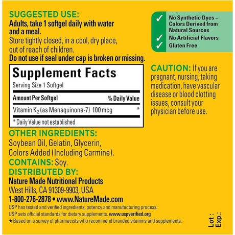 Tabla nutricional del suplemento Nature Made Vitamina K2 100 mcg 30 cápsulas blandas