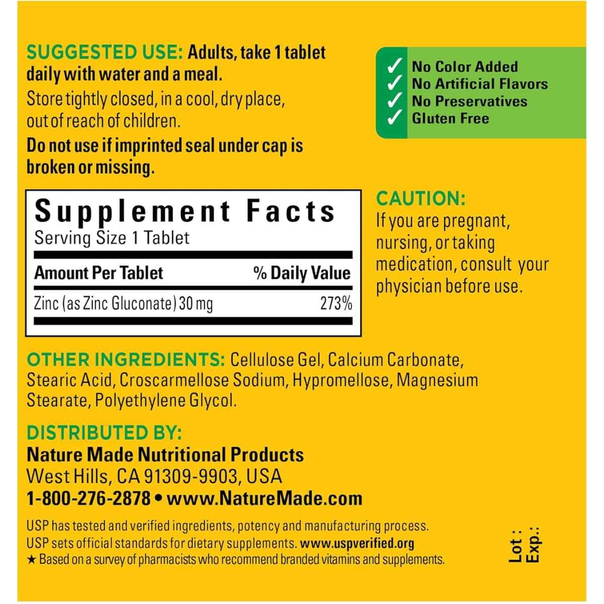 Tabla nutricional del suplemento Nature Made Zinc Gluconato 30 mg 100 tabletas