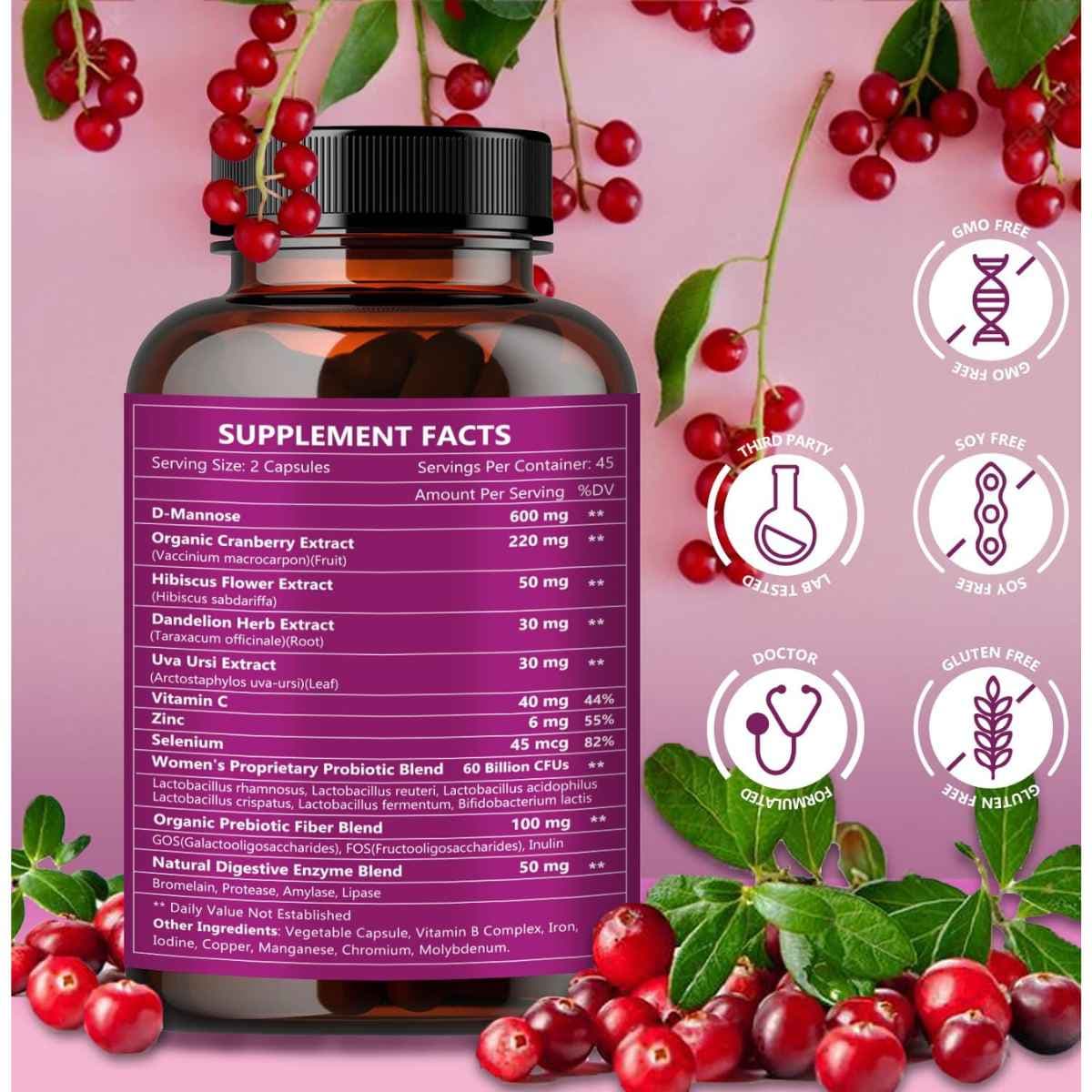 Tabla nutricional del suplemento Nature Target Fórmula Urinaria con D-Manosa, Arándano y Probióticos 90 Cápsulas Vegetales