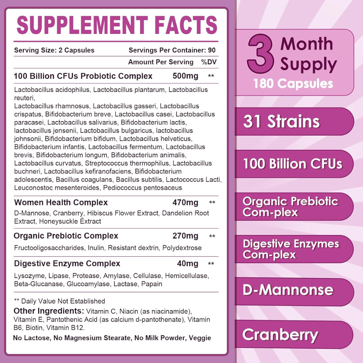 Tabla nutricional del suplemento Nature Target Probióticos para Mujer 100 Billion CFUs 180 cápsulas vegetales