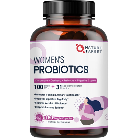 Frasco de suplemento Nature Target Probióticos para Mujer 100 Billion CFUs 180 cápsulas vegetales