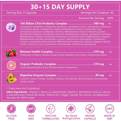 Tabla nutricional del suplemento Nature Target Probióticos para Mujer 100 Billion CFUs 90 cápsulas vegetales