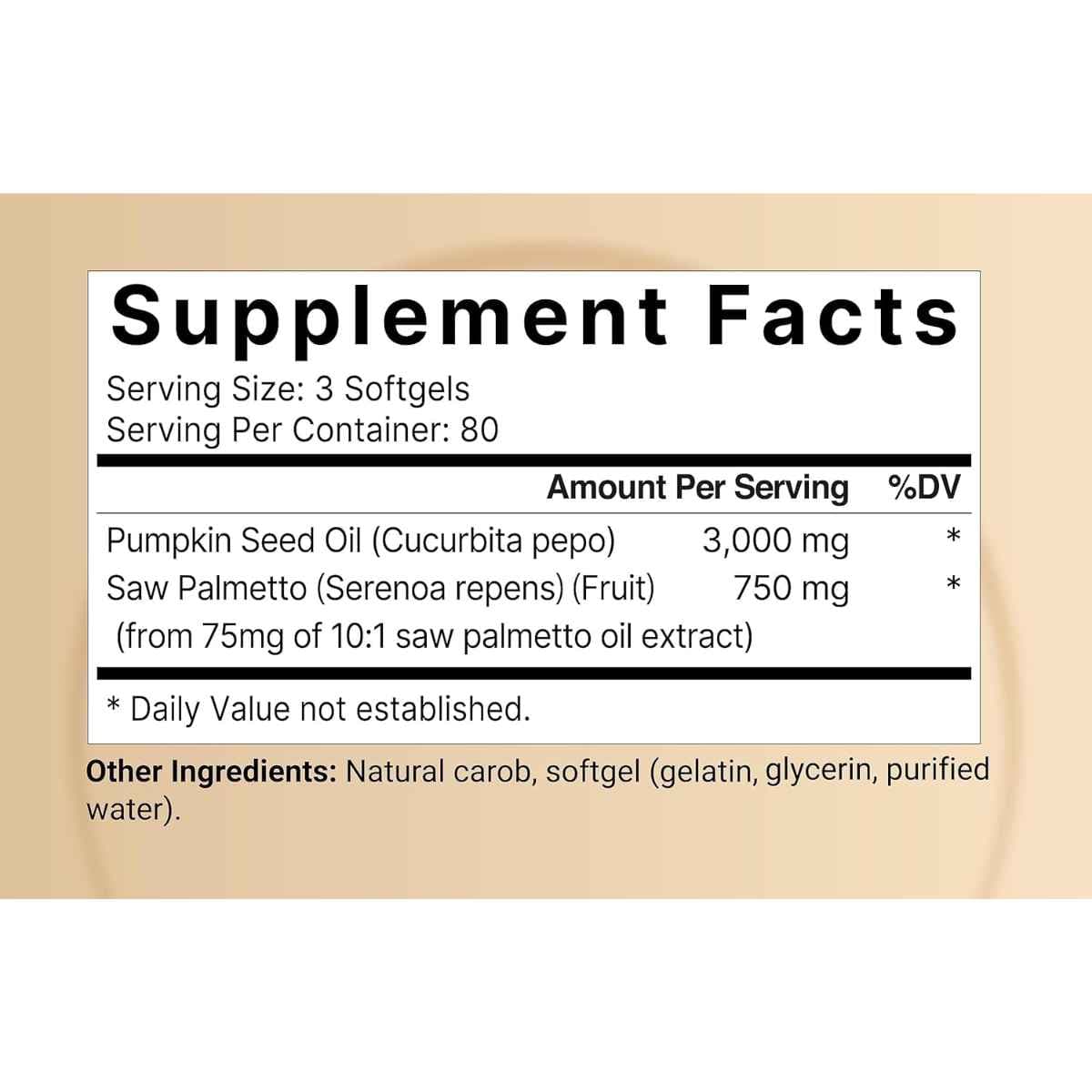 Tabla nutricional del suplemento NatureBell Aceite de Semilla de Calabaza y Saw Palmetto 240 cápsulas blandas