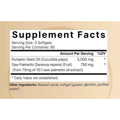 Tabla nutricional del suplemento NatureBell Aceite de Semilla de Calabaza y Saw Palmetto 240 cápsulas blandas