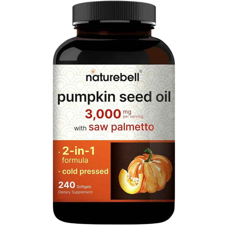Frasco de suplemento NatureBell Aceite de Semilla de Calabaza y Saw Palmetto 240 cápsulas blandas